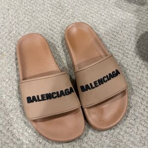 Balenciaga Nude Brown Logo Slide Sandals